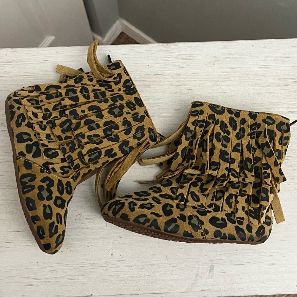 Monkey Feet Leather Fringe Minky Lined Mocassin Bootie Toddler 9-10 - Picture 5 of 16